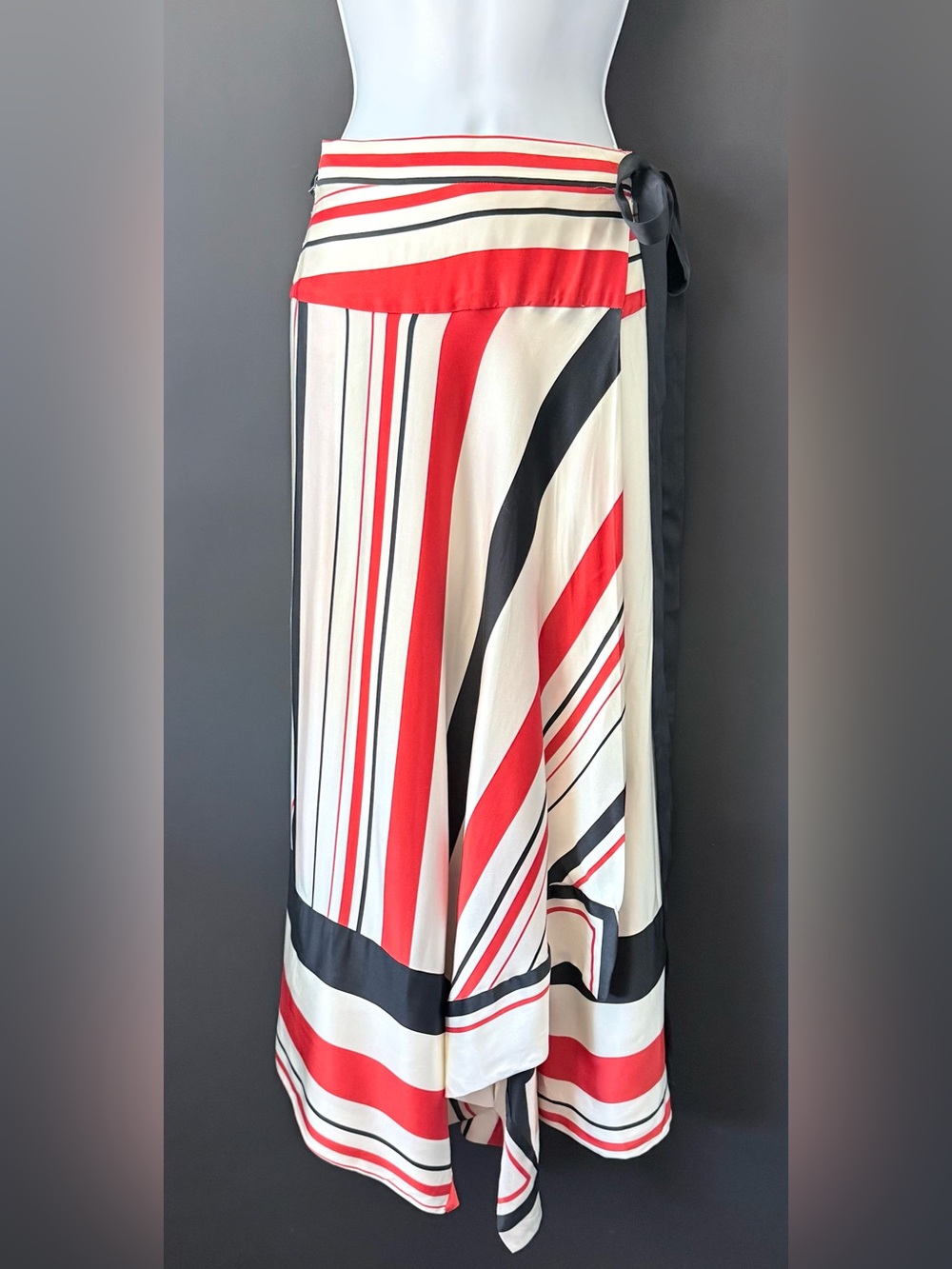 Zara Striped Wrap Maxi Skirt in Red, navy & Cream XS adjustable satin